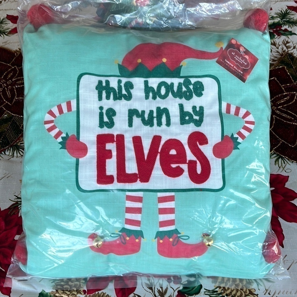 Brand New Christmas Throw Pillow “This Home is Run By Elves” 16” x 16” Square